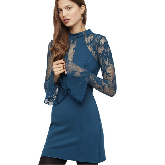 Free People It's Now or Never Mini Dress Women Size S Teal Bell Sleeves Fish Net - Picture 12 of 13